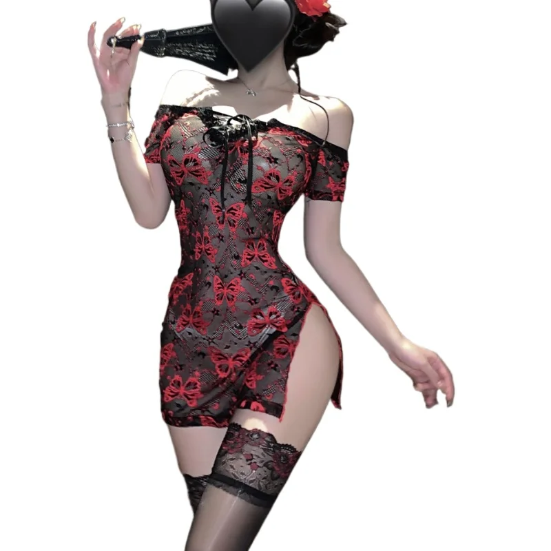 

Sexy Perspective Lace Skinny Mini Dress for Women Thin Secretary OL Uniform Role Play Costumes Club Pole Bodycon Dresses Outfits