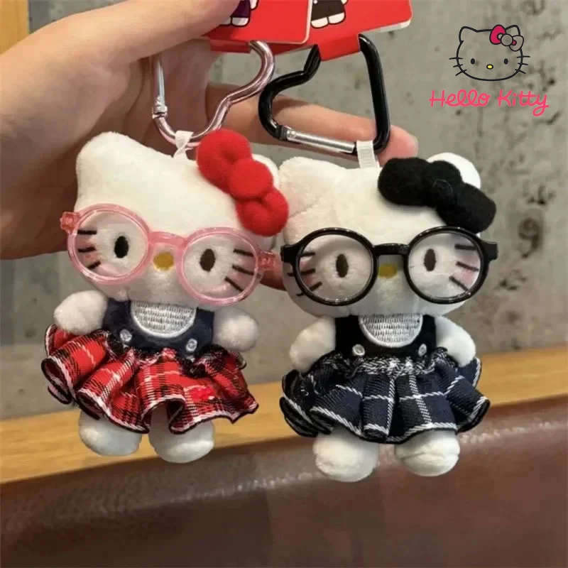 

Cartoon Hello Kitty Plush Doll Pendant Kawaii Wearing Glasses Plaid Skirt KT Cat Backpack Accessories Anime Keychains Girl Gifts
