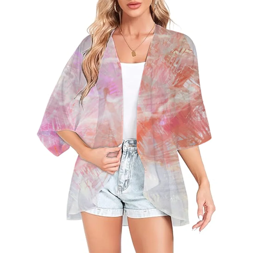 Damen-Schal mit Blumenmuster, kurzärmelig, Chiffon, Kimono, Strand-Cardigan, Bikini, Überwurf, Strandmode, Badebekleidung, UV-Jacke