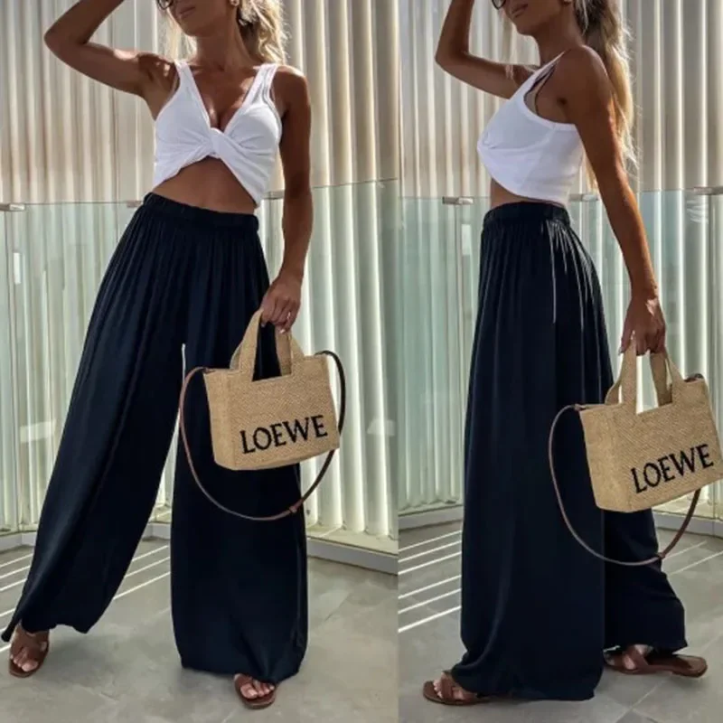 Casual Pants Women Summer Trendy Loose High Waist Solid Color Fashion Wide-leg Pants Commute Elegant Office Lady Party Trousers