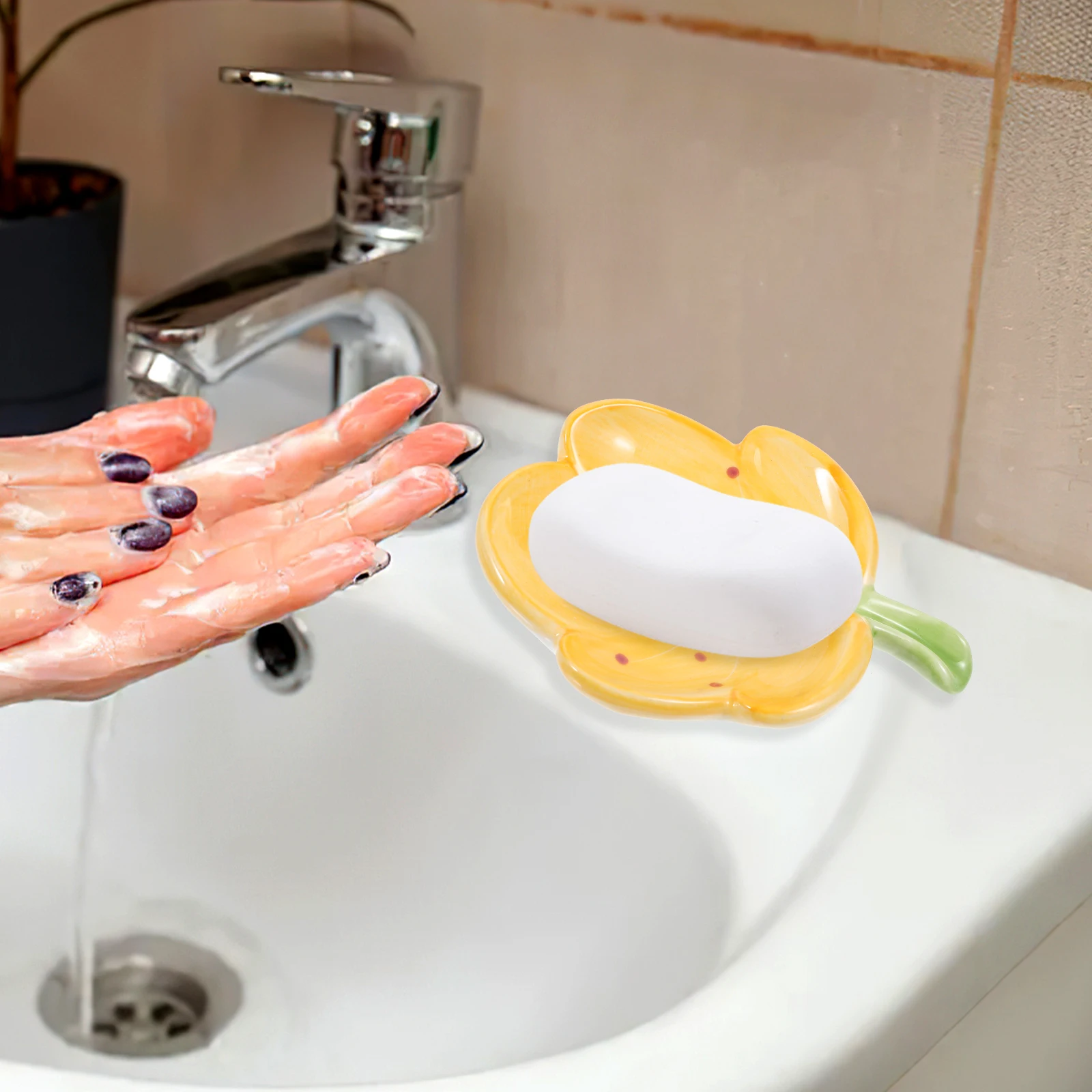 

Ceramic Soap Dish Flower Shaped Drain Tray for Bathroom Kitchen Sink Decorative Soap Holder Storage Case Non-Slip Countertop