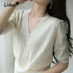 White Bead Knit Shirt V-neck Short Sleeve Blouse 2022 Korean Style Casual Shirt for Female Professional Elegant OL Clothing