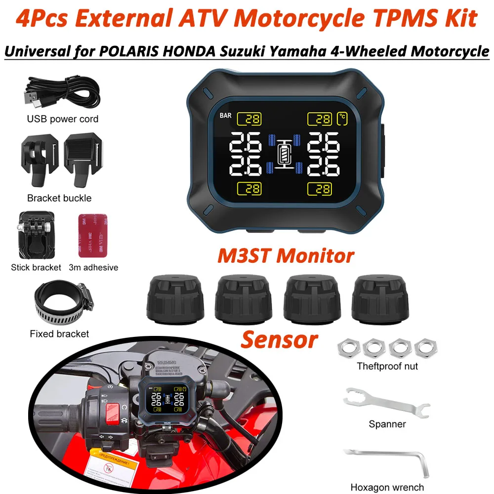 4 External Motorcycle TPMS Sensor ATV Tire Pressure Monitor System+Alarm LCD Display,USB Charge,for POLARIS 4-Wheeled Motorcycle