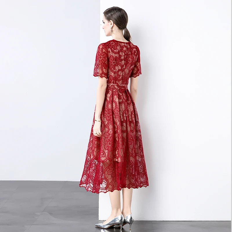 Summer Elegant Short Sleeve Lace Embeoidery Flower Party Dresses for Women