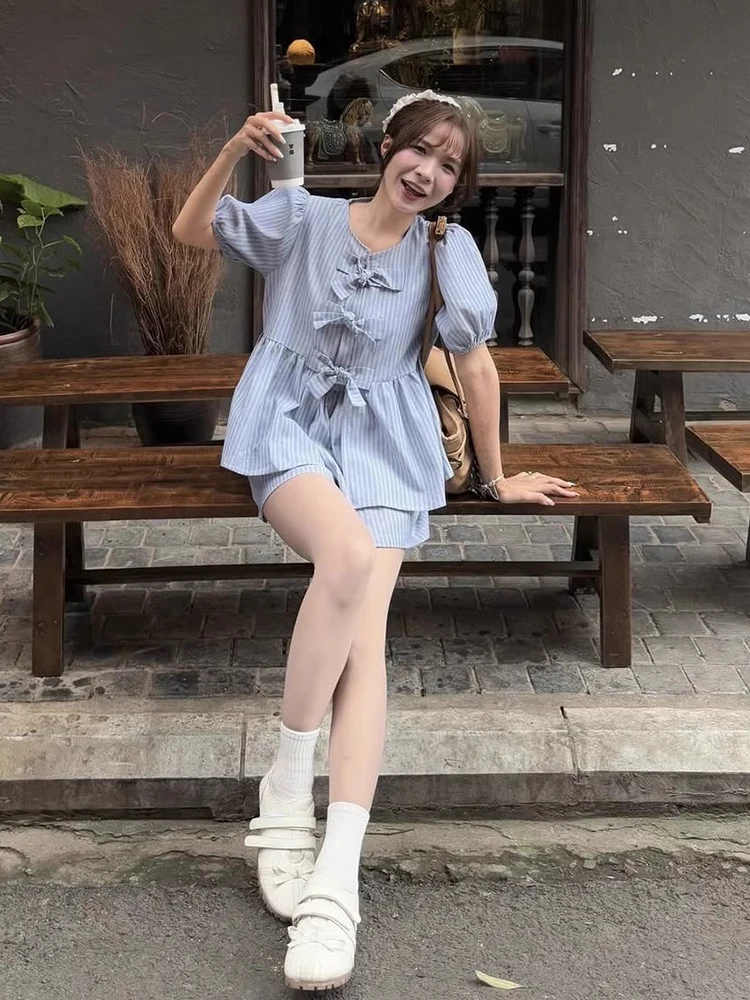 

Gagarich 2025 New Korean Chic Summer Retro College Style Tie Bow Striped Shirt+high Waisted Casual Shorts Two-piece Set Women
