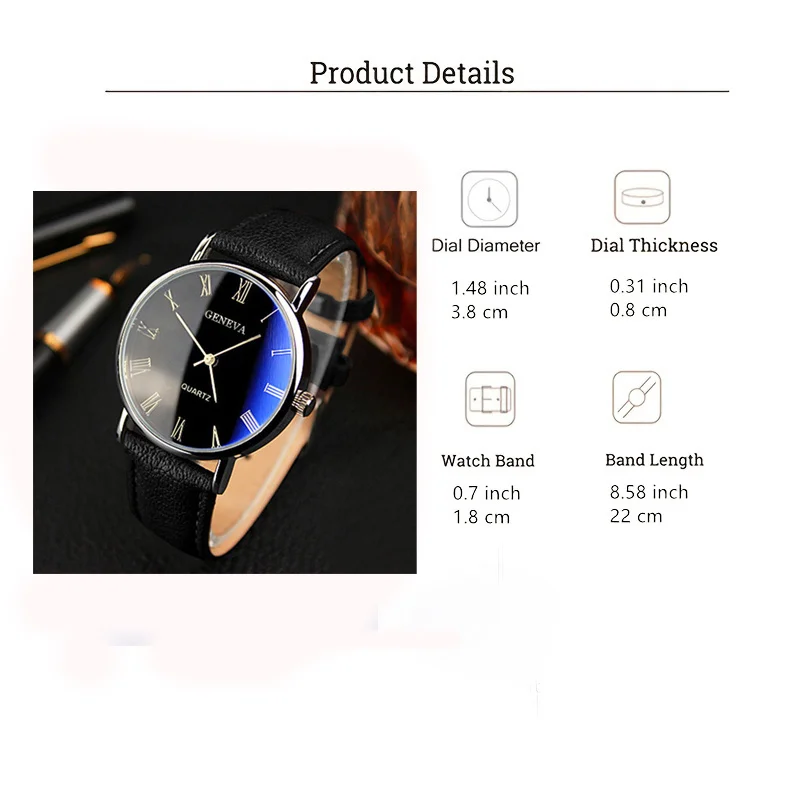 Mens Round Quartz Business Watch - Roman Numerals, Blu-Ray Dial, PU Leather Strap, World-Time Function, Alloy Case,