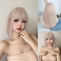 16Inch Oak White Color Synthetic Lolita Wig With Bang Medium Natural Straight Hair Wig for Women Daily Cosplay Heat Resistant