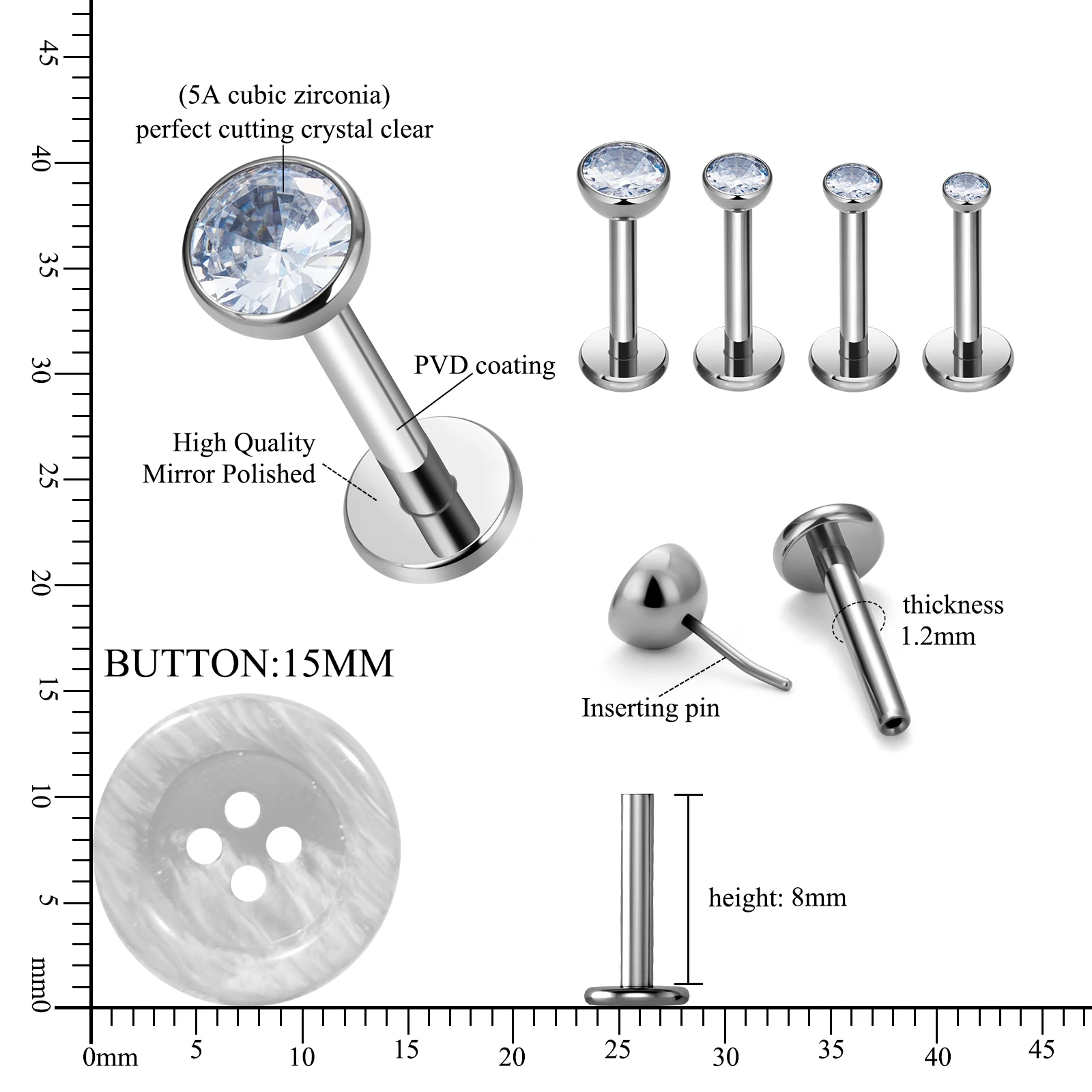 10/50PCS G23 Titanium Insertion Lip Nail Ear Cartilage Nail Classic Vacuum Plating Perforated Jewelry Ear Nail Nose Nail