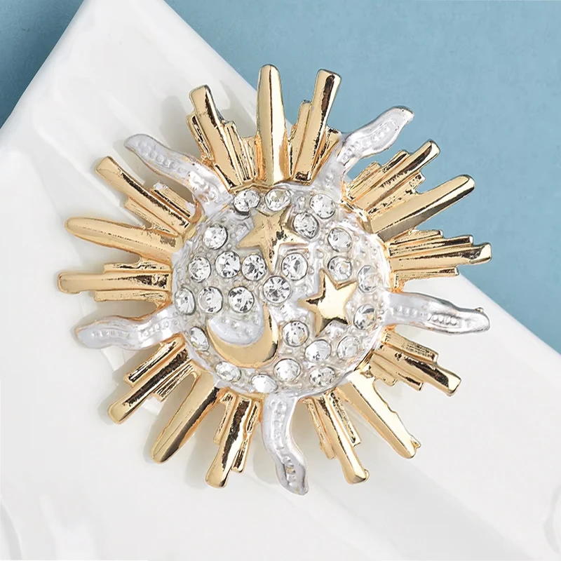 Wuli&baby Shining Lovely Sun Brooches For Women Unisex Rhinestone Star-eyes Moon-mouth Smiling Sun Party Office Brooch Pins Gift