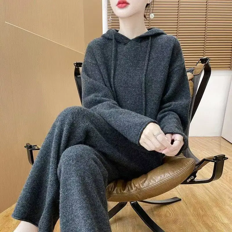 

Women Wool Hooded Pullover Straight Pant Suit Autumn Winter Imitate Merino Wool Knitwear Sweater Pants Casual Loose Set Clothes