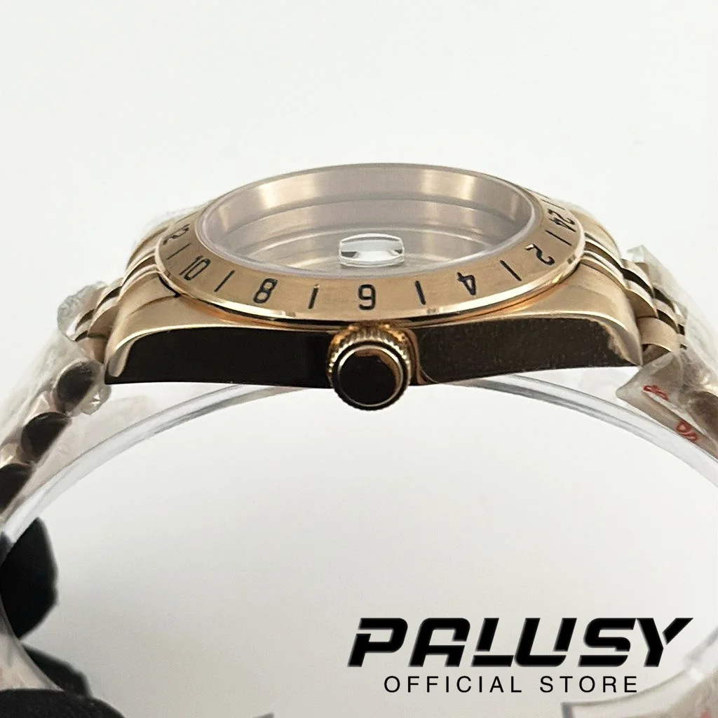 로즈 골드 익스플로러 사파이어 글래스 시계 케이스, GMT 고정 베젤 솔리드 글라이드 잠금 걸쇠, ETA2824 케이스, 24 시간, 39mm, NH34, NH35, NH36