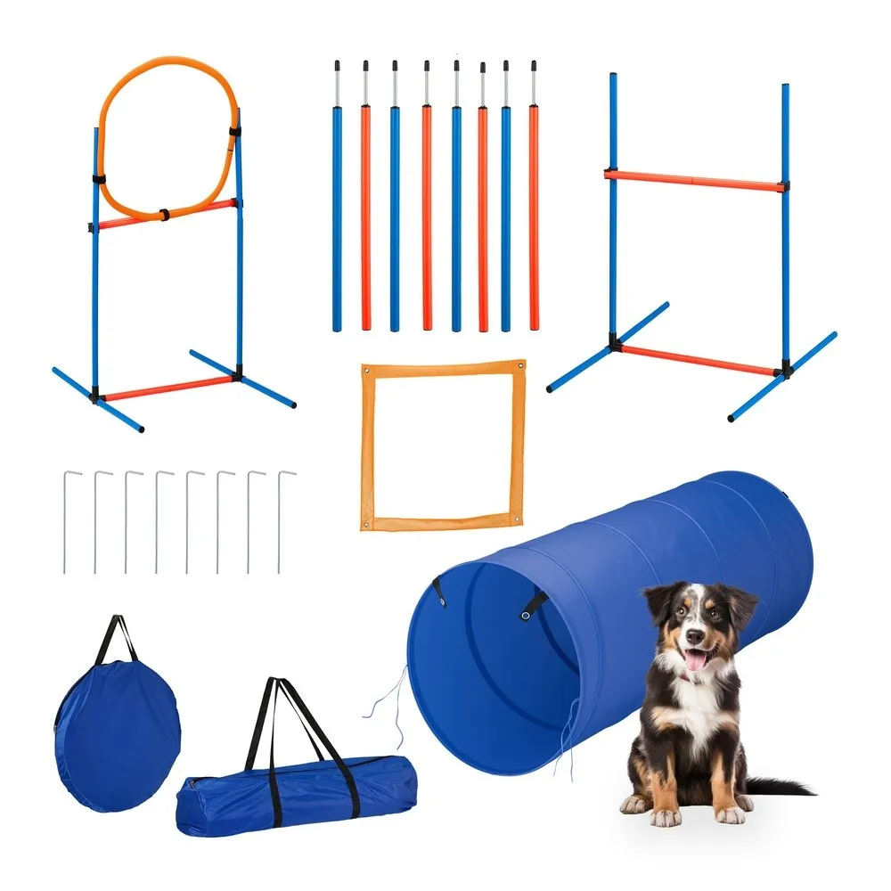 Agility Set for Dogs 76 Piece Height Adjustable Hurdles Jump Ring & Slalom Poles Carry Bag Blue/Orange
