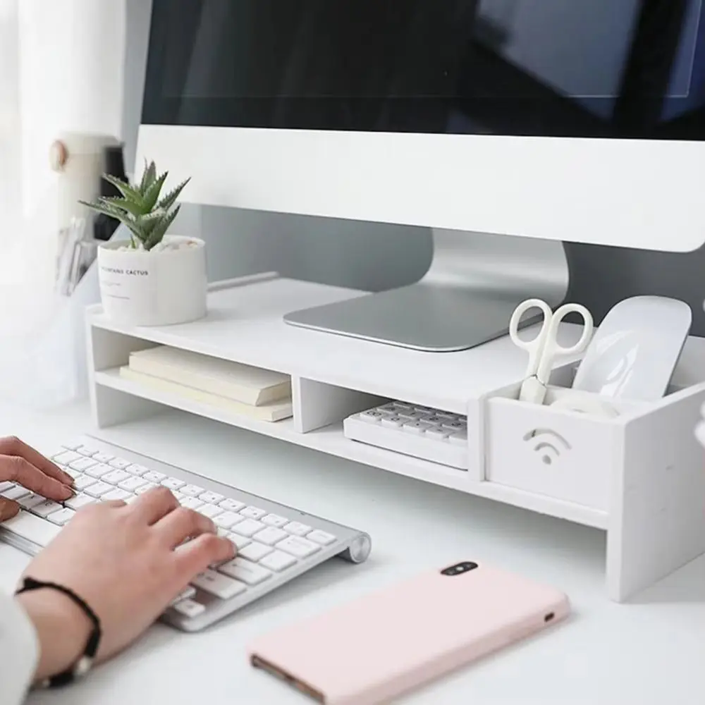 Easy Assemble PC Computer Screen Stand Multi Compartment Comfortable Viewing Height Wooden Desk Computer Riser