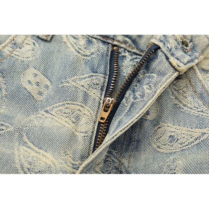 Hip Hop Personalized Cashew Flower Embroidered Men's Jeans Vintage Blue Washed Loose Straight ropa de hombre