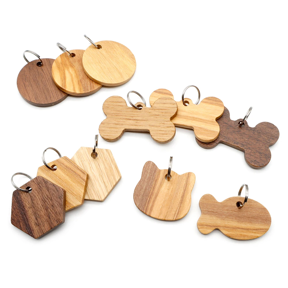 Wholesale 20/50/100Pcs Wood Dog ID Tag Bone Personalized Puppy Nameplate Anti-lost Round Name Tags For Dogs Keyrings Engraving