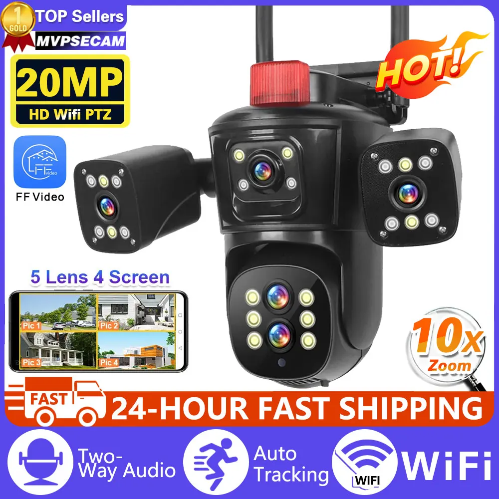 

20MP WiFi IP Camera Four Screens 10X Zoom Wireless Outdoor PTZ CCTV Cam Five Lens Smart Tracking Wifi Surveillance Cam