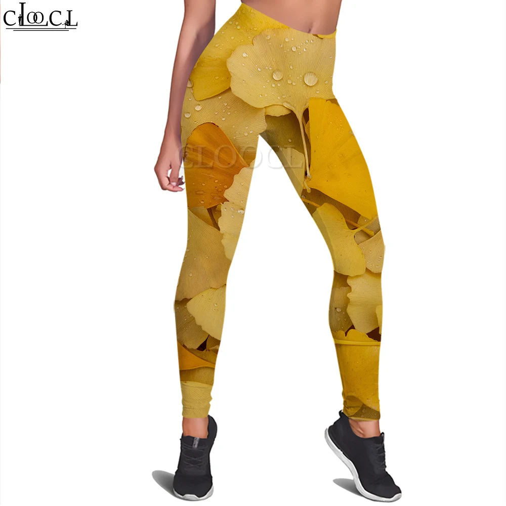 CLOOCL – pantalon de Yoga pour femmes, Leggings d'automne jaune, feuille de Ginkgo graphique 3D imprimé, pantalon décontracté, Jogging, taille haute, extensible