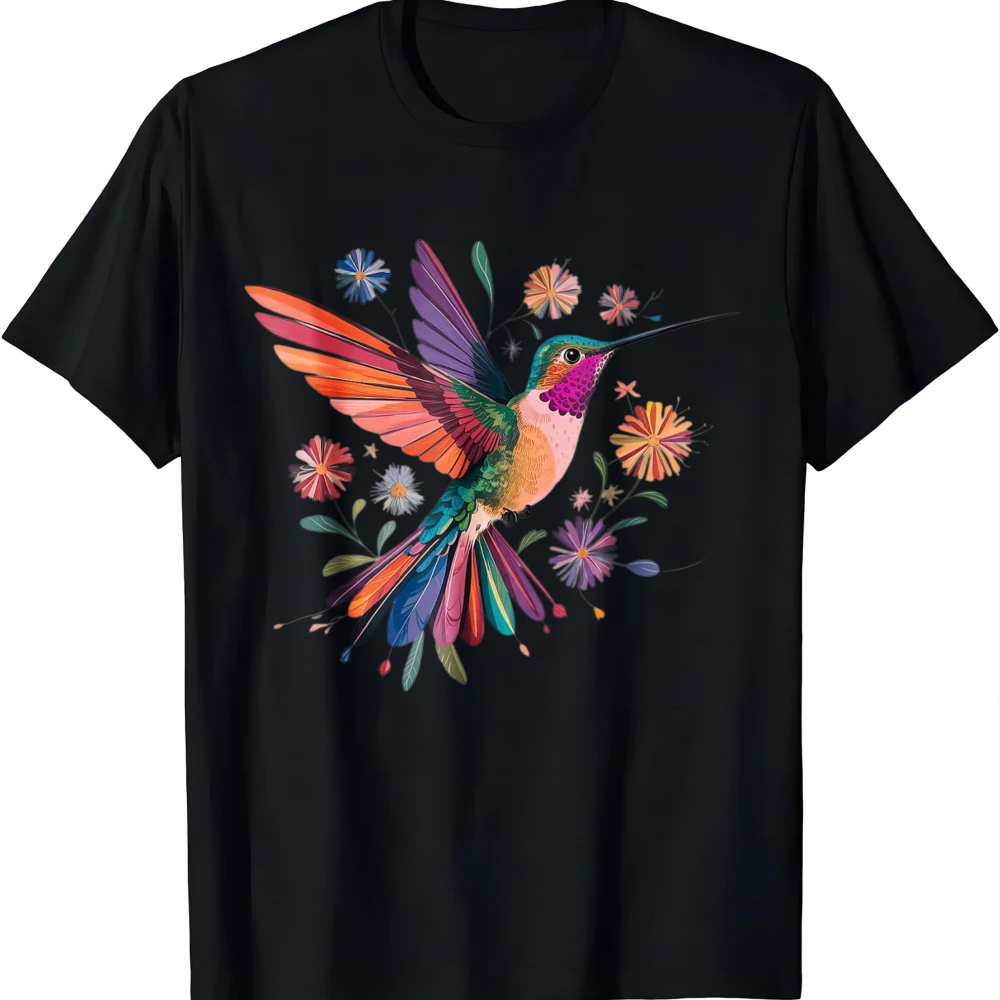 Colorful Hummingbird Wildflowers Botanical Bird Illustration T-Shirt Graphic T Shirts Summer Casual T Shirt Camiseta Streetwear