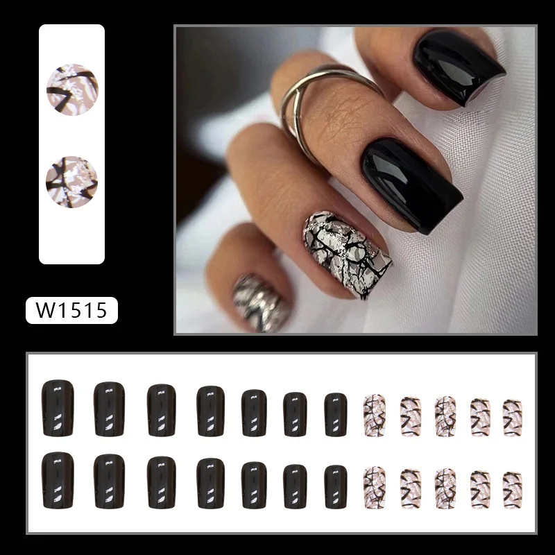 24 قطعة من أظافر الأكريليك بالضغط الأسود أطراف أظافر مربعة متوسطة قصيرة أظافر صناعية جاهزة للإلتصاق أظافر صناعية جاهزة 2025 #2