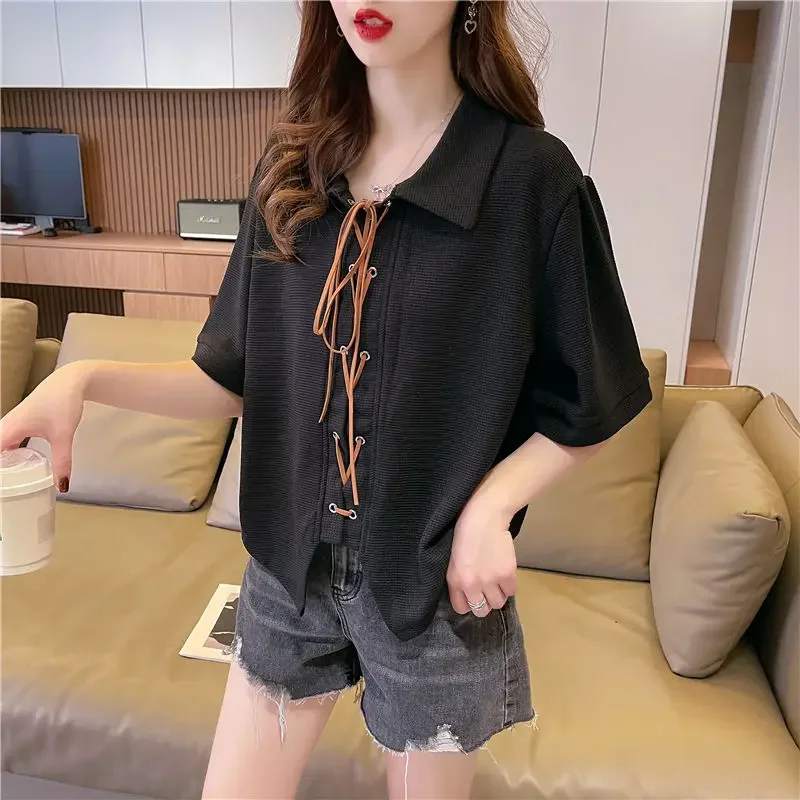 

Summer Short Sleeves Shirt Blouses Y2k Top Short T-shirt Streetwear Retro Luxury Designer Clothing New Korean Fashion Bandage