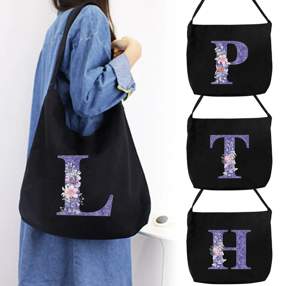 Handbag Tote Bags Canvas  Black Shoulder Bags Commuting Bag Printing Purple Flower Series College Style Student Organizers Bag