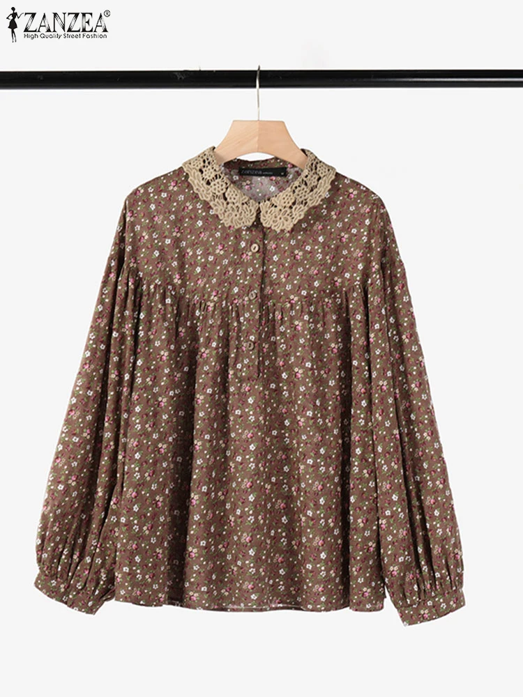 ZANZEA-camisas Vintage de manga larga para mujer, blusa con estampado Floral, Blusas informales con cuello de solapa para trabajo, Tops holgados a la moda, Túnica 2024