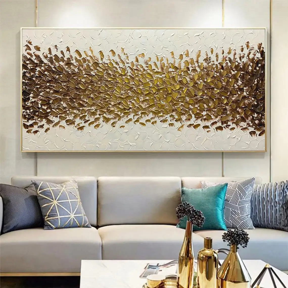 

Large Gold Abstract Oil Painting Handmade on Canvas Textured Boho Wall Art Golden Acrylic Painting Modern Living Room Home Decor