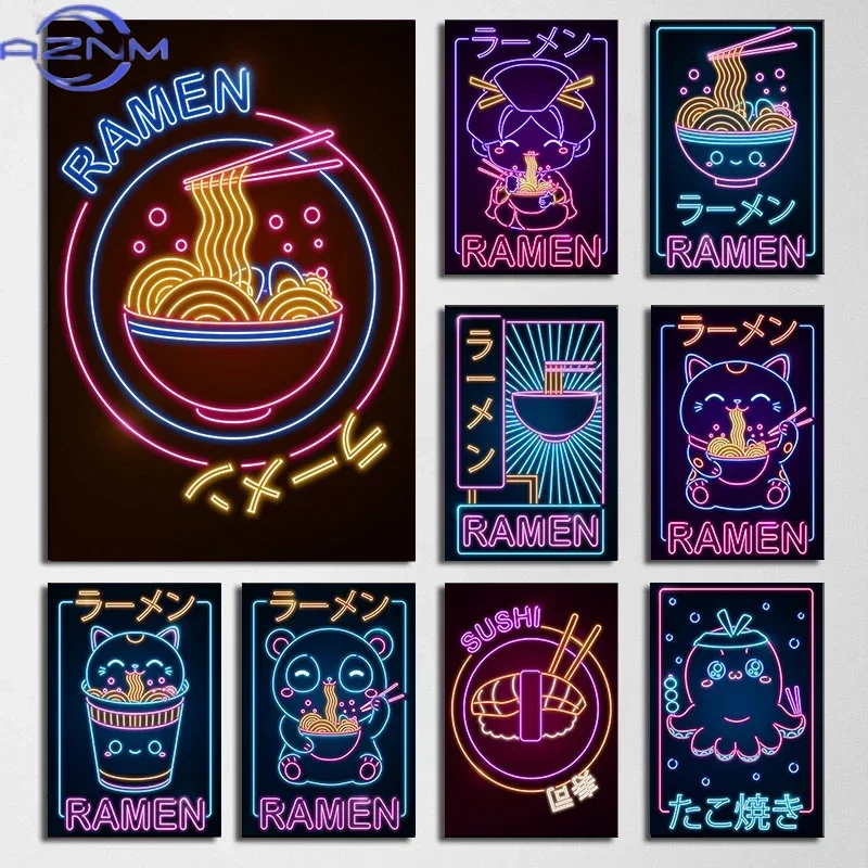 Japanese Wave Ramen Sushi Cat Posters  Neon Design Canvas Painting Japan Culture Wall Art Picture Retro Kawaii Cuisine Room D