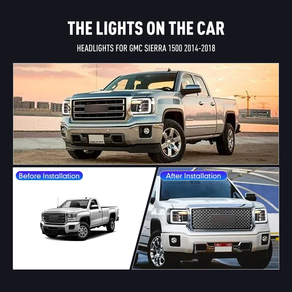 زوج من مجموعة مصابيح السيارة الأمامية LED لسيارة جي إم سي سييرا 1500 2014-2018 2500HD 3500HD 2015-19 مصباح أمامي للرأس مصابيح أمامية لإشارة الانعطاف #2