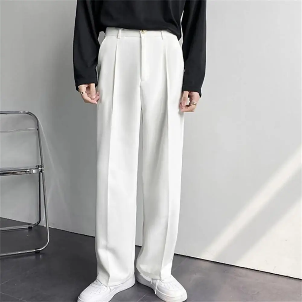 2025 Reinforced Pocket Stitching Men Suit Pants High Waist Button Zipper Fly Straight Wide Leg Pants Casual Men Trousers
