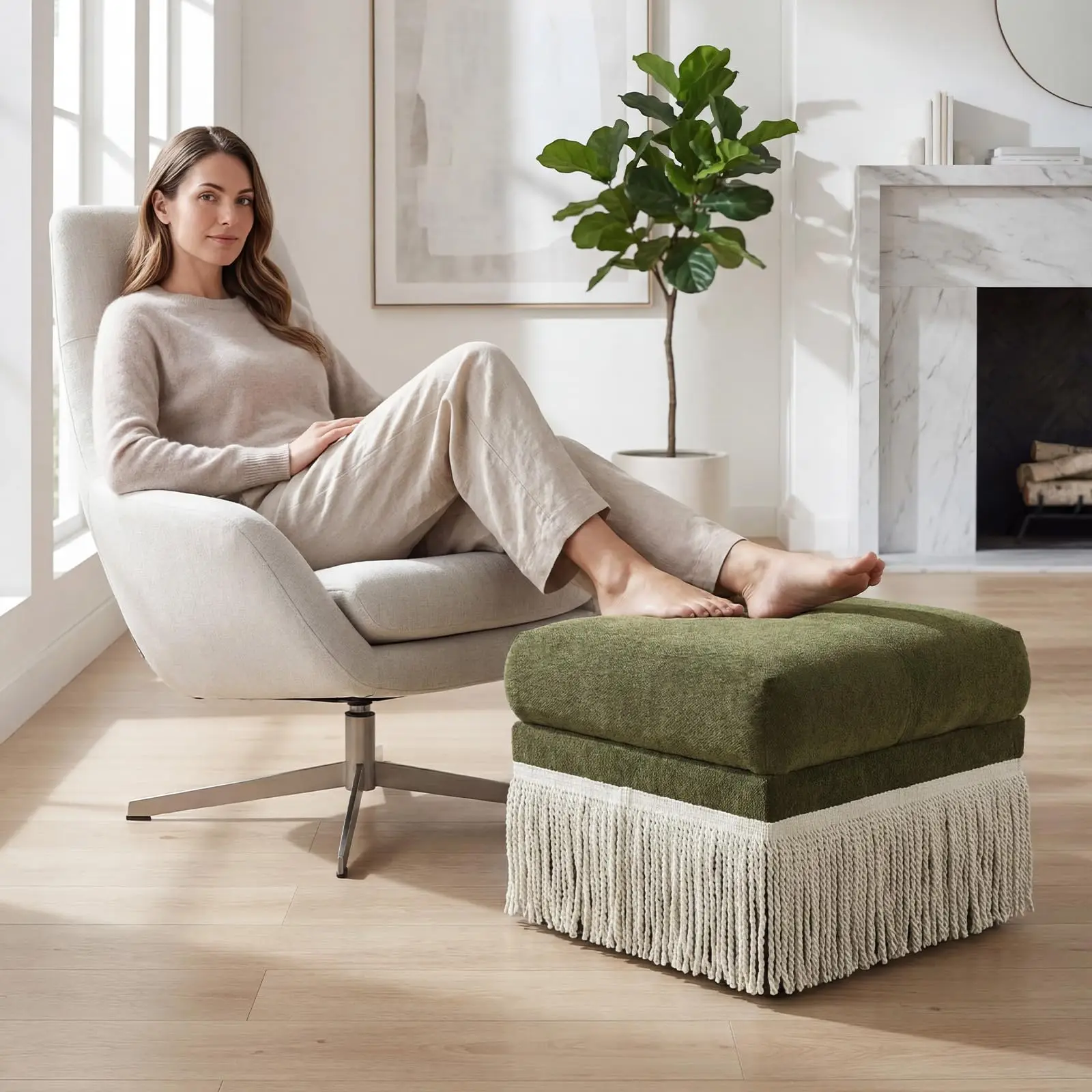Square Fabric Ottoman with Bullion Fringe, Green Tufted Footstool for Living Room & Bedroom, Decorative Padded Pouf