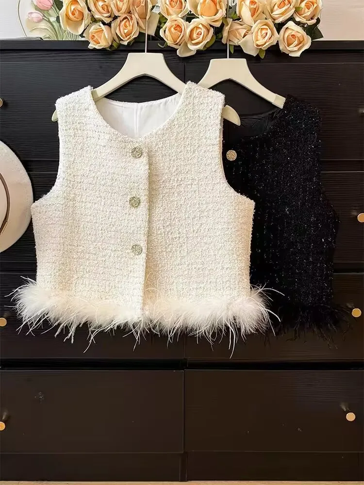 

Luxury Fashion Sequined Vest Women Spring Autumn Sleeveless Feather Waistcoat Elegant Jacket Veste Femme