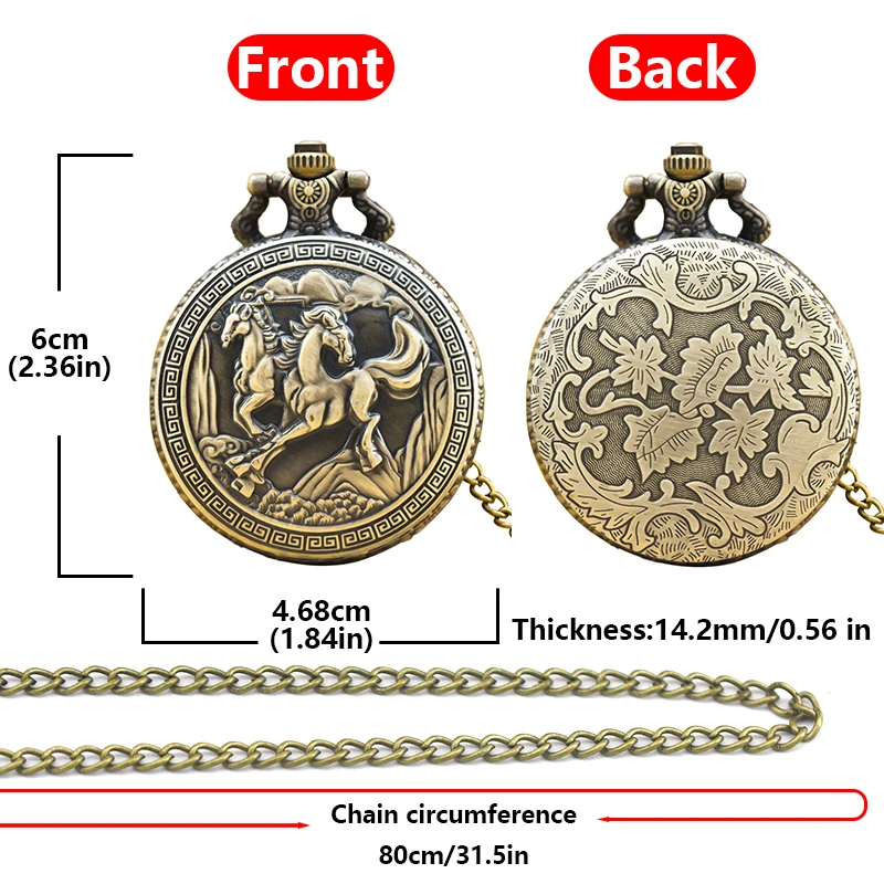 Steampunk Vintage Bronze Animal Horse Quartz Pocket Watch Necklace Pendant Clock Chain Men Women Chain Gift
