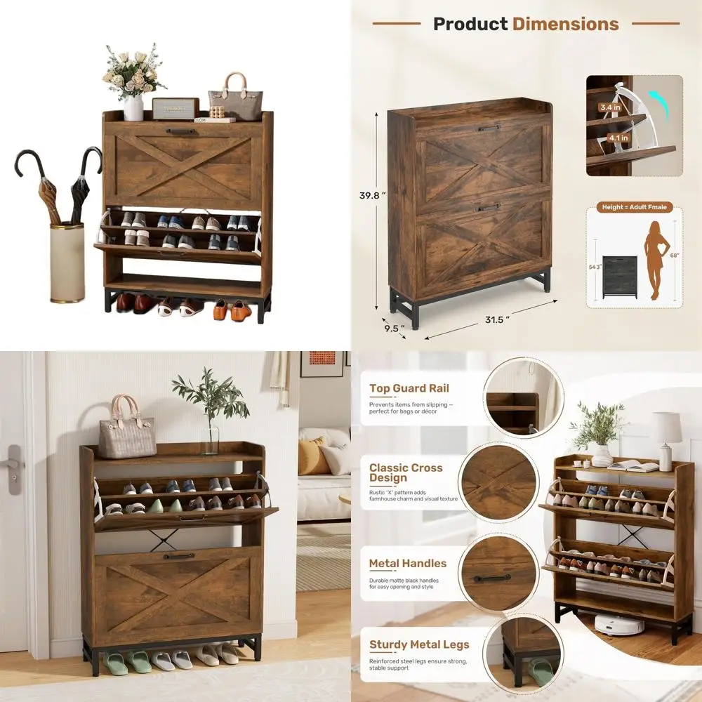 

Space-Saving Brown Farmhouse Shoe Cabinet for 12-16 Pairs, Metal Frame & Top Shelf for Entryway Storage