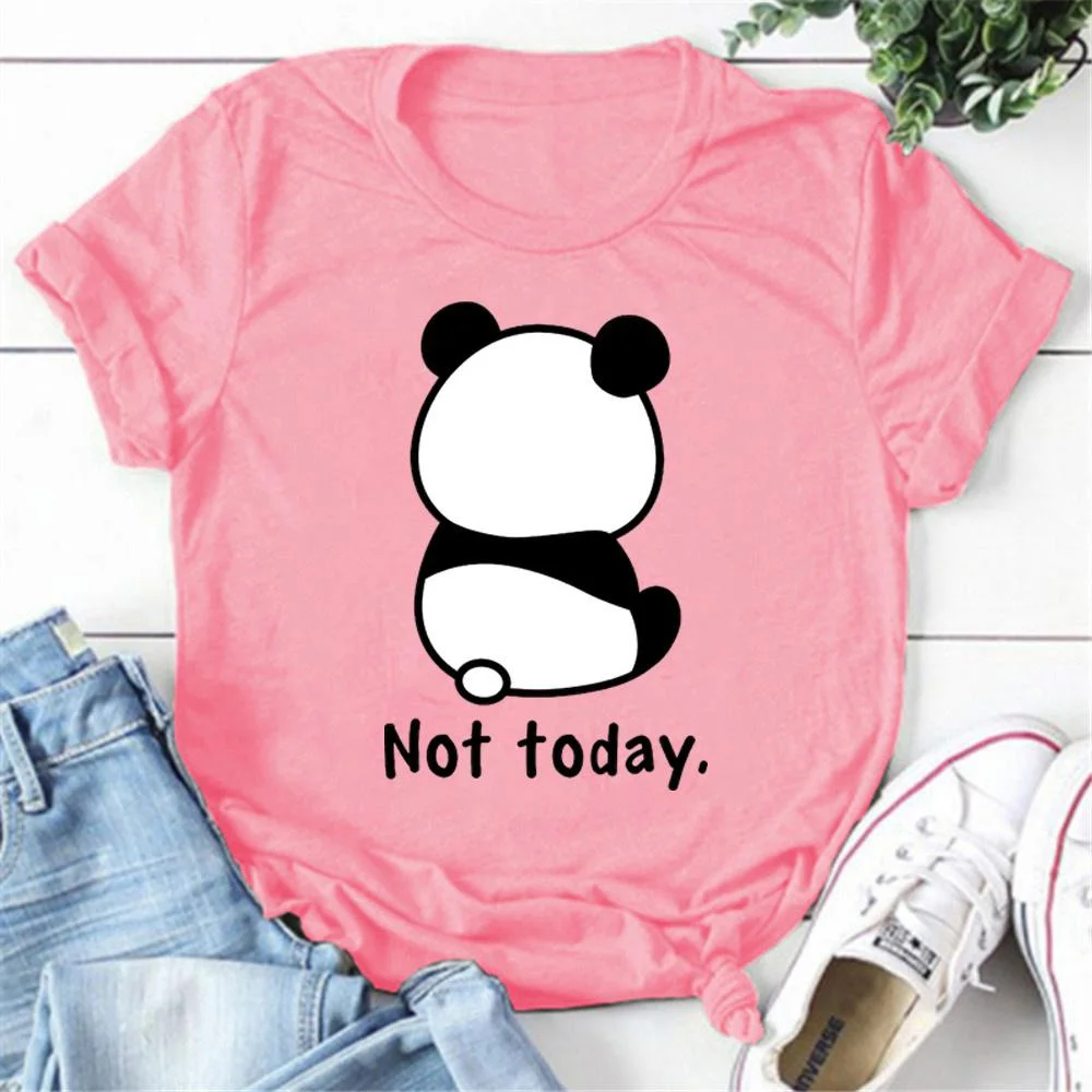 Cute Panda Not Today Printed T-Shirts For Women Short Sleeve Funny Round Neck Tee Shirt Casual Summer Tops