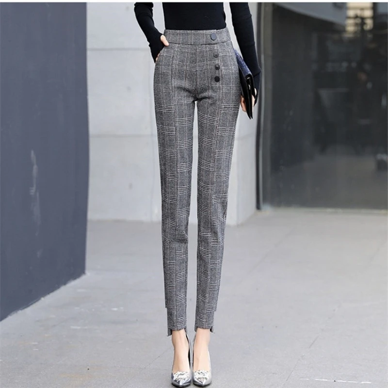 Office Lady Trousers Pencil Women's Plaid Elastic Striped Pockets High Waisted Button Clothing Spring Autumn Vintage Pants