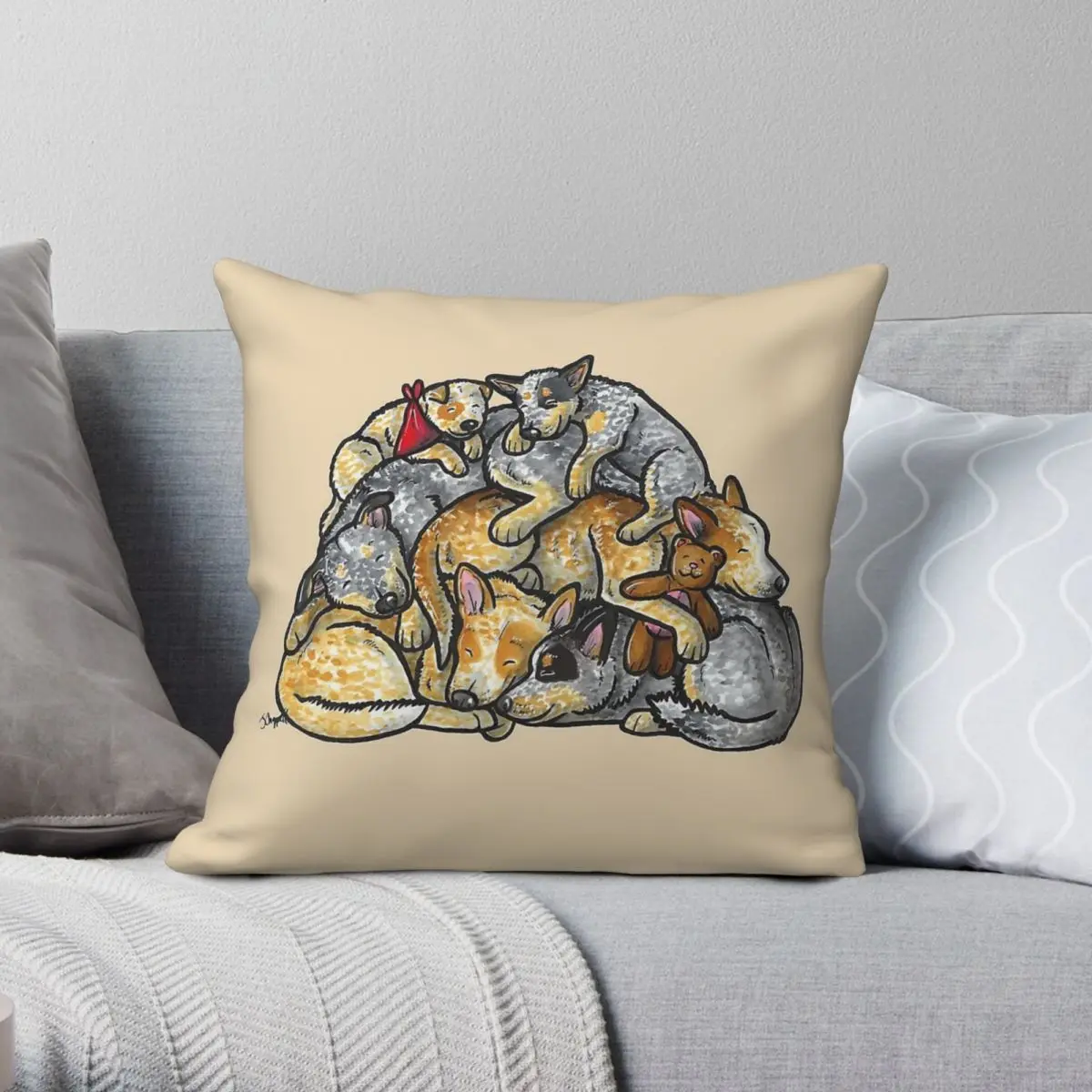 Sleeping Pile Of Australian Cattle Dogs Square Pillowcase Polyester Linen Velvet Pattern Zip Decor Throw Pillow Case Home Cover