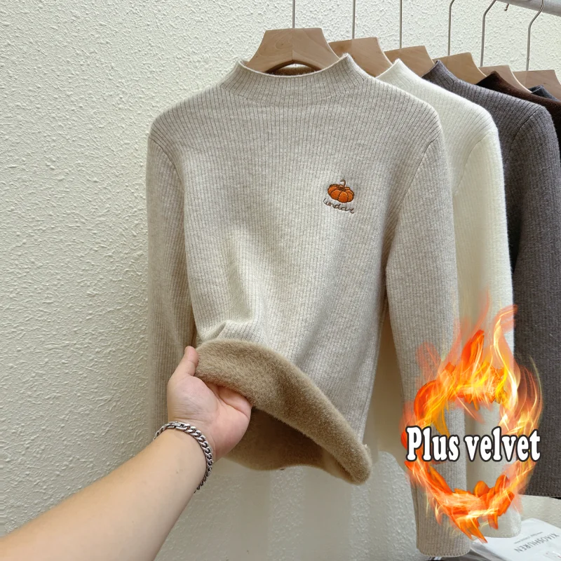 

Цельный флисовый вязаный свитер с полуводолазкой для женщин с вышивкой, утолщенная и теплая базовая рубашка для внутреннего слоя