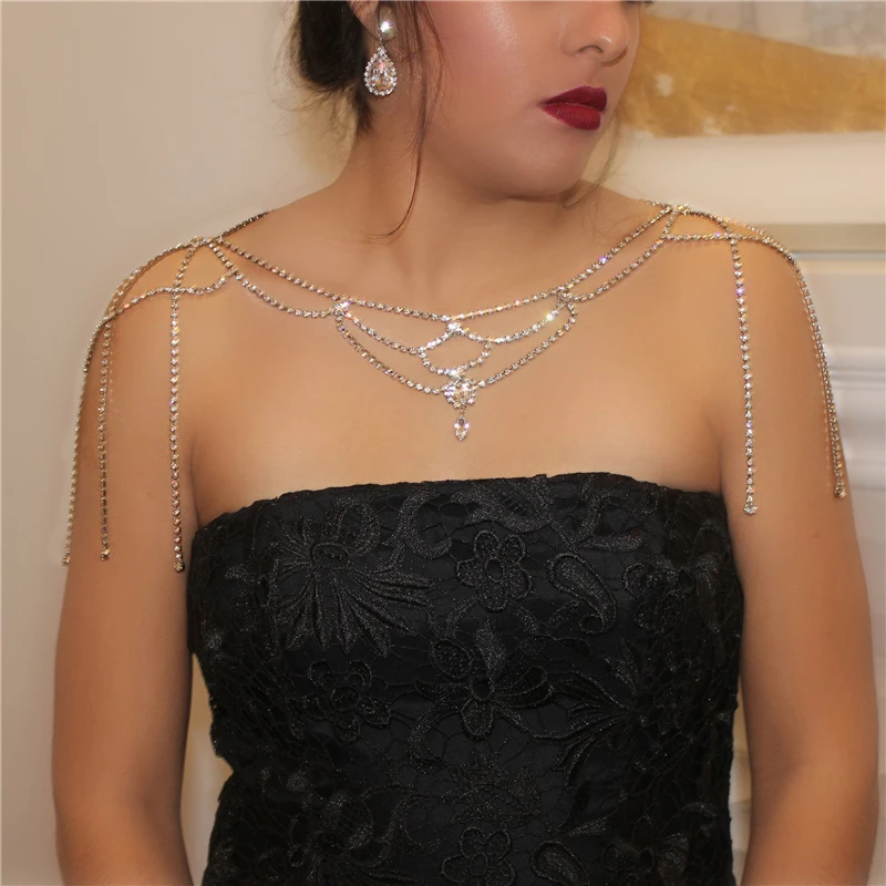 Fashion Unique Rhinestone Shoulder Chain Wedding Bridal Jewelry Sexy Shoulder Body Chain Bling Crystal Water Drop Necklace