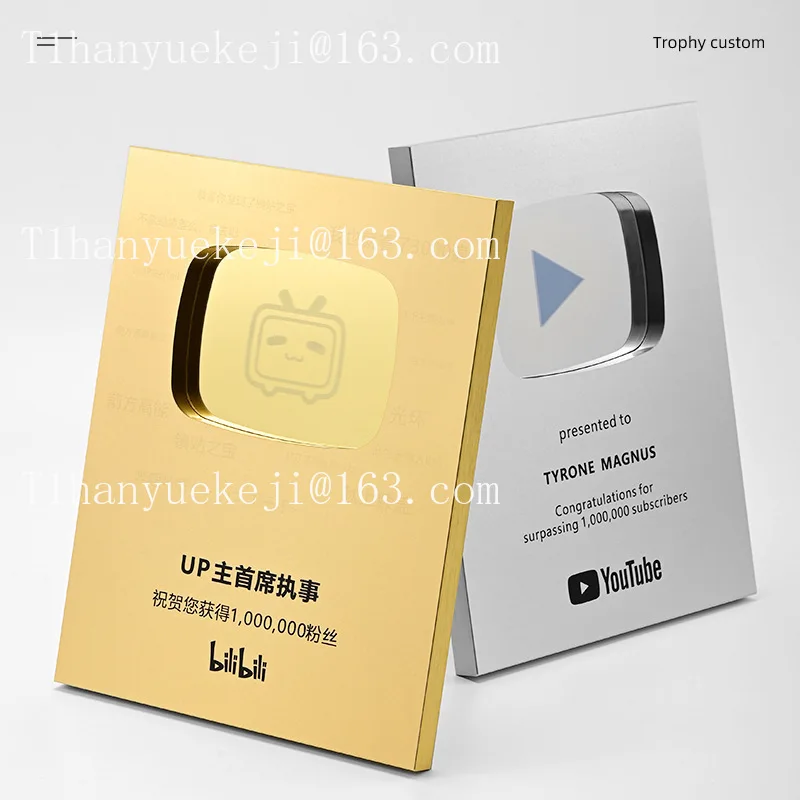 New YouTube Play Button Award UV Printed Graphic Metal Shields Trophies Excellent Recognition Acknowledgment-name of the winner