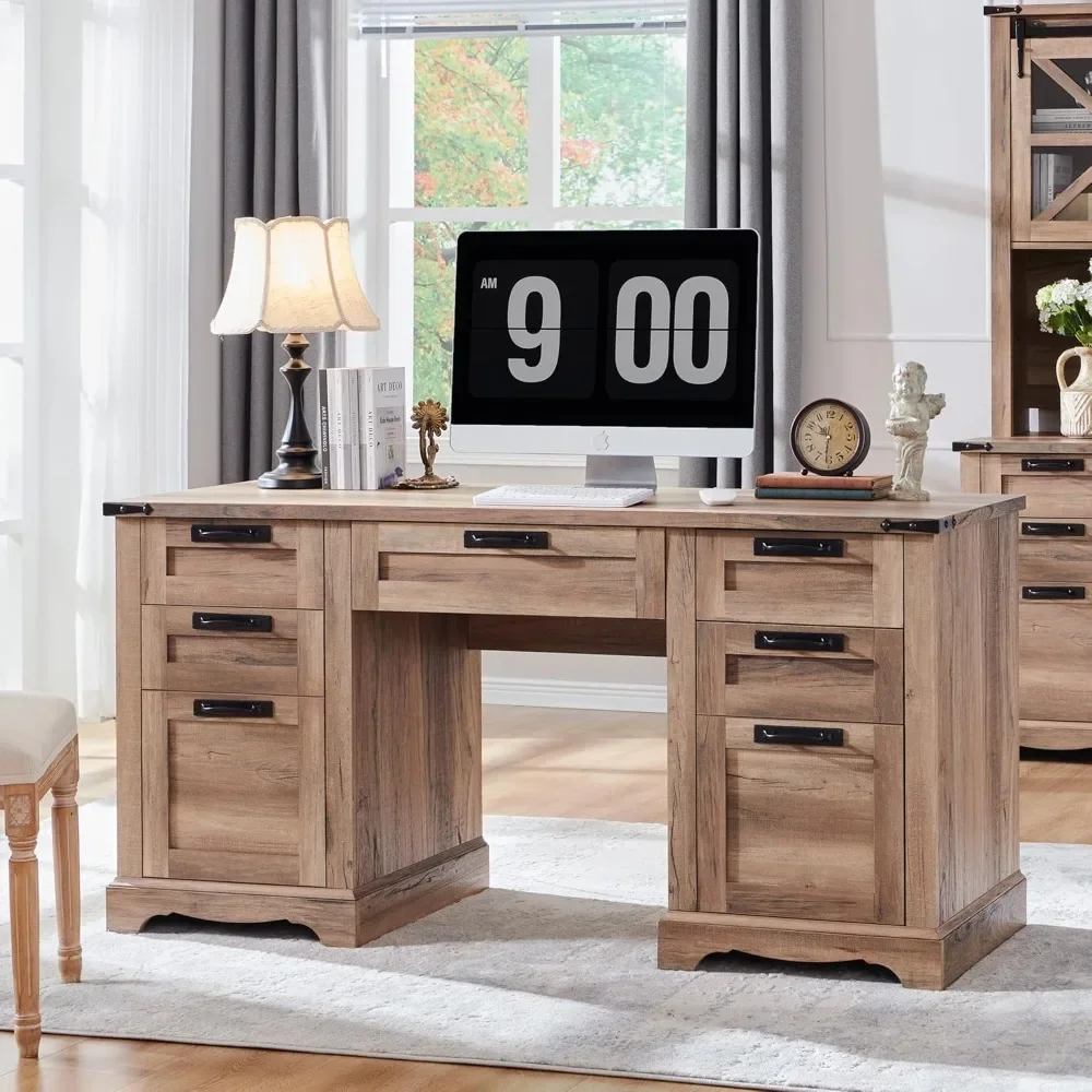 Office Furniture Desk Sets,60 Farmhouse Executive Desk With Drawers, Wood Home Office Desk W/Charging Station, Keyboard Tray