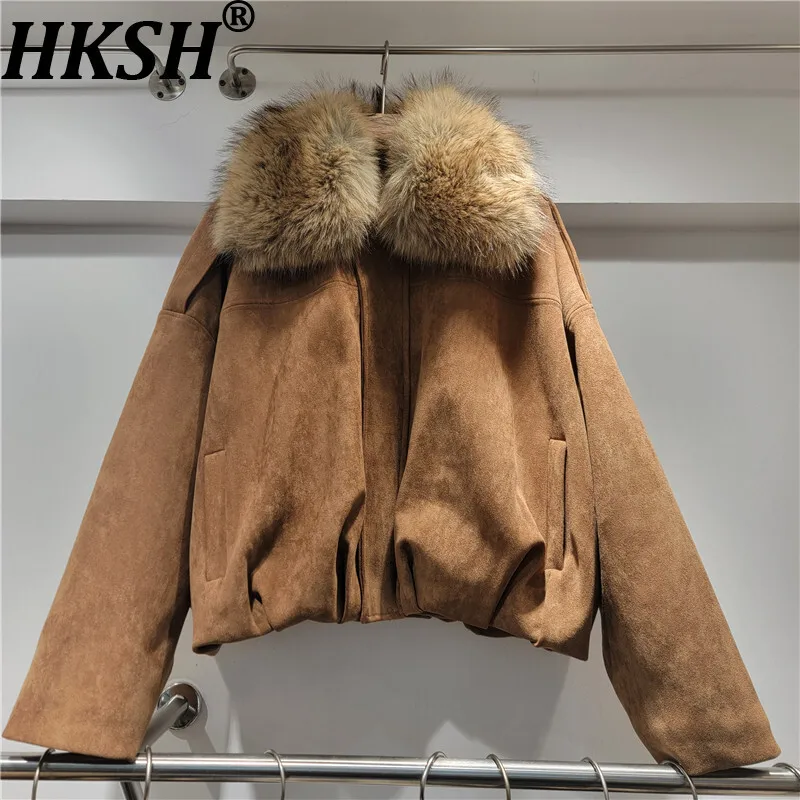 

HKSH Winter New Women Warm Coat Detachable Fur Collar Patchwork Faux Suede Zipper Pocket Elegant Luxury Thickened Jacket HK16397