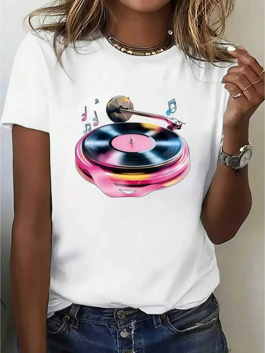 Retro‑Vibe Women Short‑Sleeve T‑Shirt Crew Neck Vinyl Record Pattern Print White Summer Daily Wear Tops