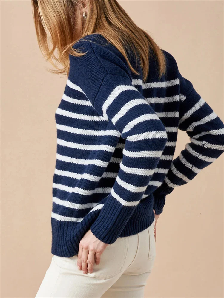 Navy Blue Stripe Knit Sweater Long Sleeve Drop Shoulder Knitting Pullovers Women Knitwears Tops Autumn Winter Knitted Sweaters