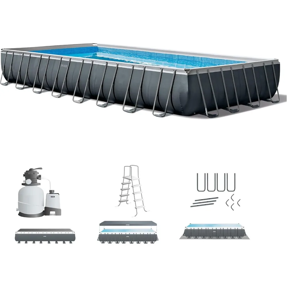 Deluxe Rectangular Above-Ground Pool Set: 32 ft x 16 ft x 52 in Includes 2800 GPH Sand Filter Pump SuperTough Puncture Resistant