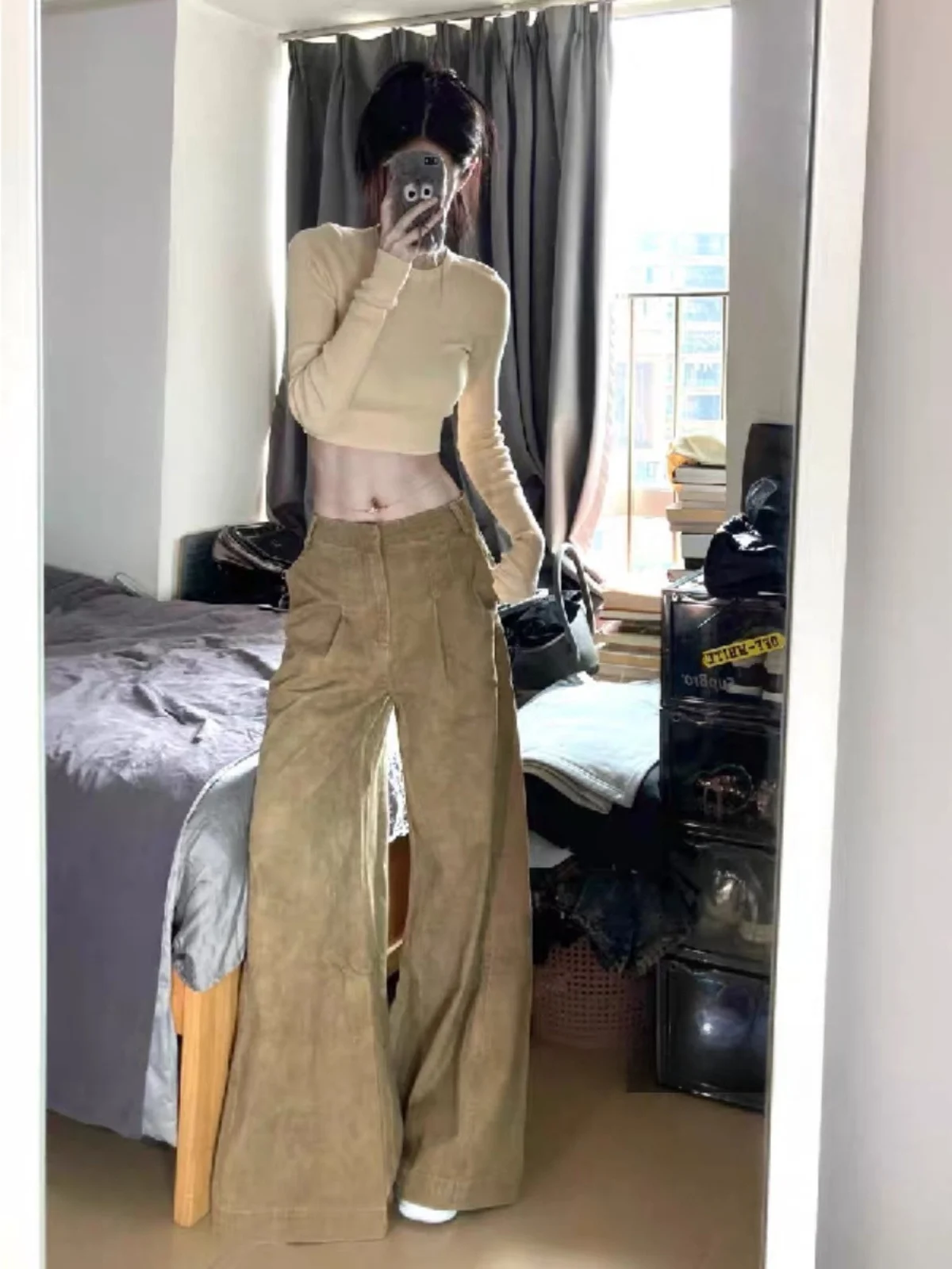 

Khaki Bell Bot Jeans Women's Winter Korean Sle Lazy Loose High Waist Wide Leg Floor Length Pants Loose Fit Casual Jeans