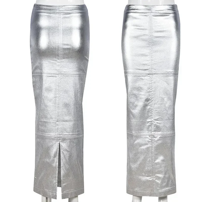 Women's Patent Leather Half Skirt Autumn and Winter New Bright Bread Buttocks Half Skirt Silver High Waisted Split Skirt