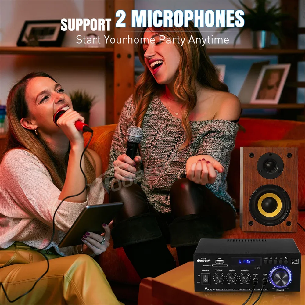 Woopker-AK45 Pro Amplificador de Potência, HiFi Surround Sound, 2.0 Channel Amplificador Digital, Bluetooth 5.0, Suporte FM, USB MIC para Casa e Carro