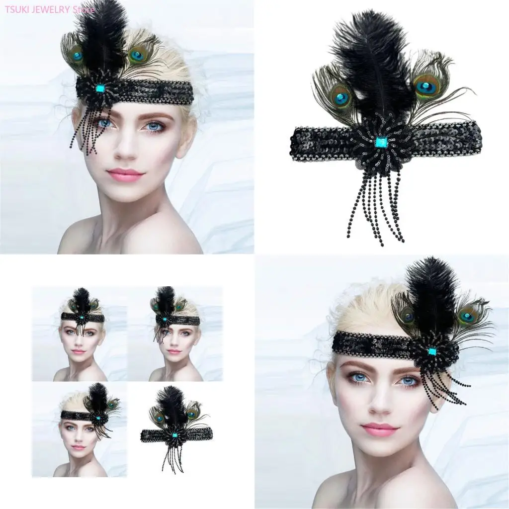 

62KE Эластичный головной убор из натурального павлиньего страусиного пера с блестками и кисточками для вечеринок
