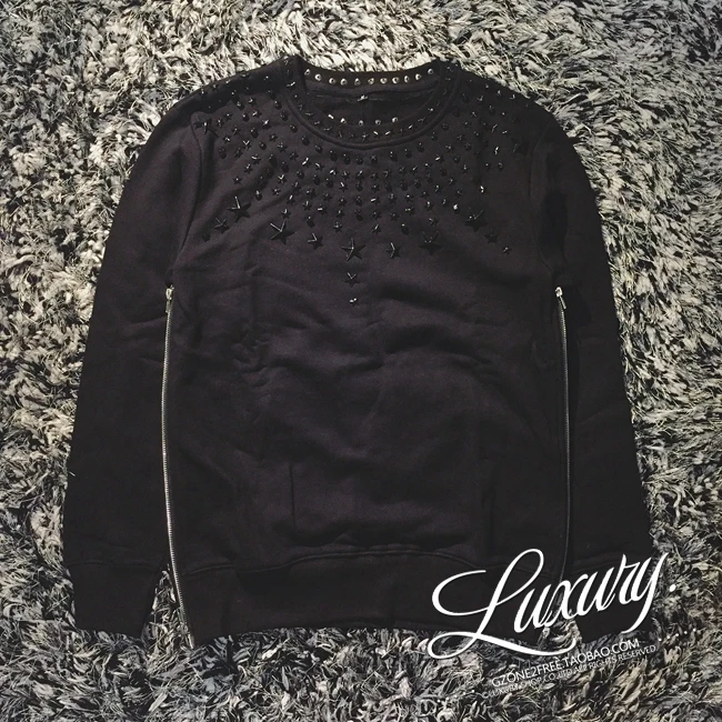 

Dark Metal Zipper Split Hoodie Unlined Sweatshirt Couple Youth Casual Cotton Straight Fit round Neck Five Pointed Star Pattern